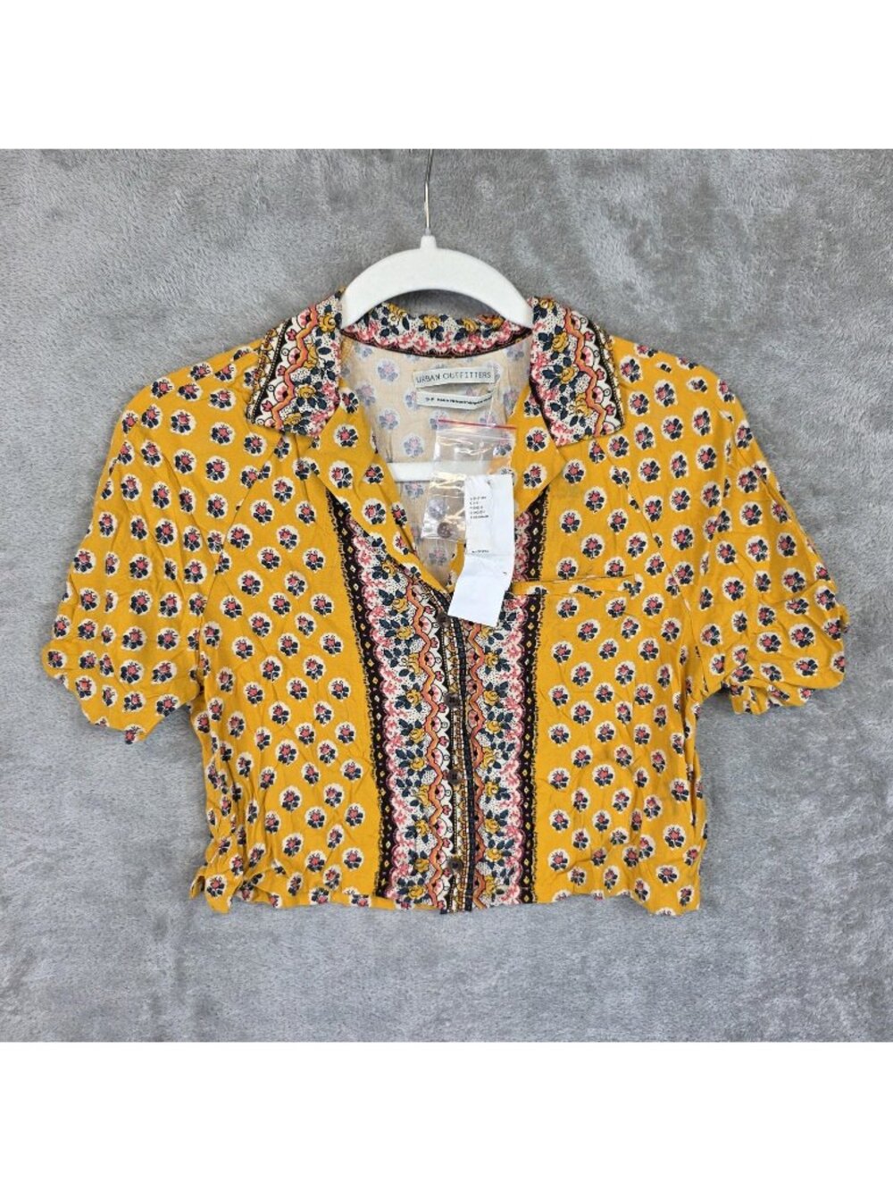 Urban Outfitters Button Up Shirt Womens S Yellow Floral Collared Cropped Top